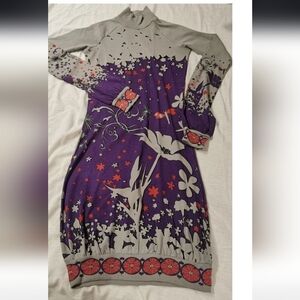 Custo Barcelona Purple and Gray Floral Long Sleeve Dress 100% Cotton